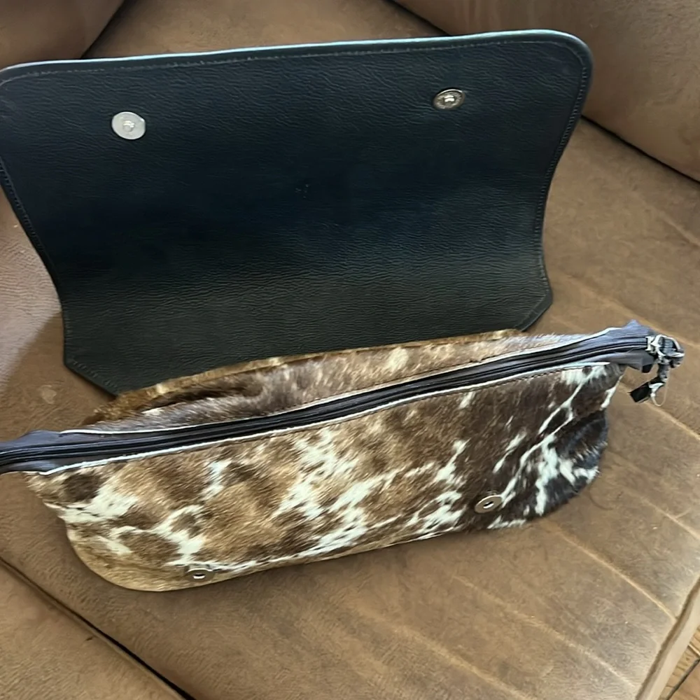 Cowhide Zip Cosmetic Pouch - Brown and White